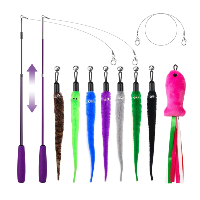 MarvelPaws 11PCS Cat Wand Toy| Cat Interactive Toys for Indoor Cats| 2 Retractable Cat Wand| 7 Worm Cat Teaser Toys and 1 Plush Fish Cat Toy| Cat Feather Toys for Play Chase Exercise with Kitten| Extra 1 Line
