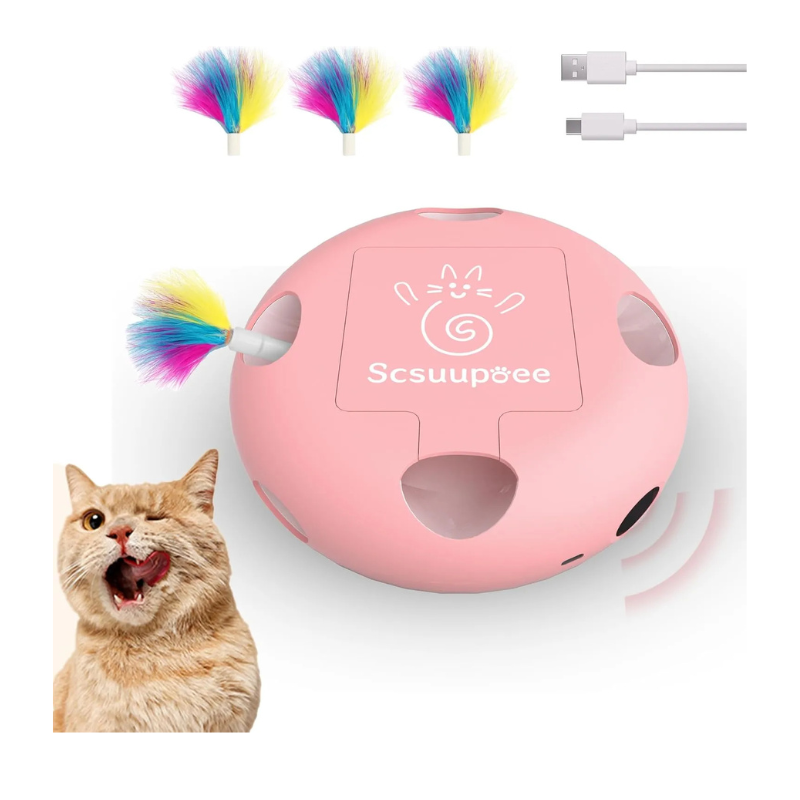 MarvelPaws Interactive Cat Toy| Electric Cat Toys for Moving Concealed Feathers| Smart Sensor 7 Holes Whack a Mole Feather Toy| USB Charge Automatic Kitten Toys| Pink