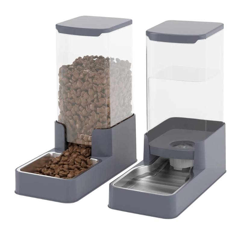 Stainless Steel Pet Feeder and Water Dispenser| Large Capacity Pet Food Bowl for Small Medium Pets Puppy Kitten (Grey,1 Gallon)