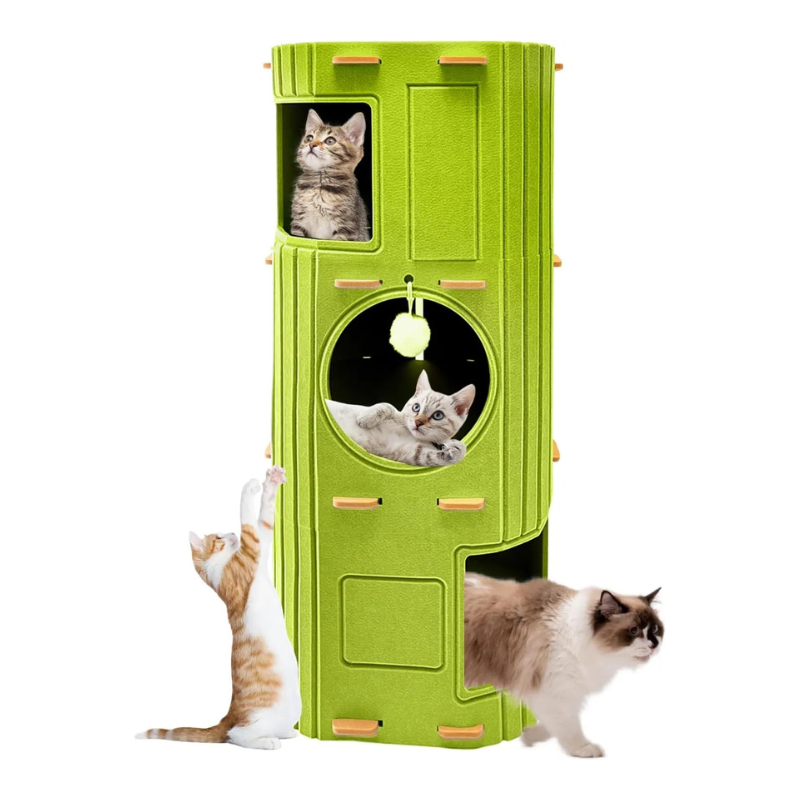 MarvelPaws Cat House for Indoor Cats| 3-Storey Cozy Felt Cat Bed Cave with Tunnel Hideaway| Large Multi-Cat Condo for Rest & Play