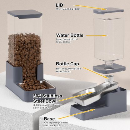 Stainless Steel Pet Feeder and Water Dispenser| Large Capacity Pet Food Bowl for Small Medium Pets Puppy Kitten (Grey,1 Gallon)