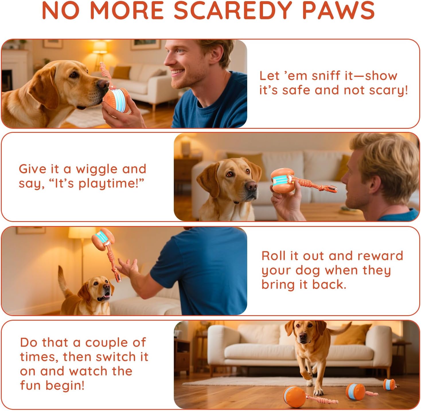 MarvelPaws Interactive Dog Toys, Random Path Electric Automatic Moving and Rolling Toy with Rope for All Dogs| Motion-Activated Dog Stimulation Toy for Boredom Relief (Orange)