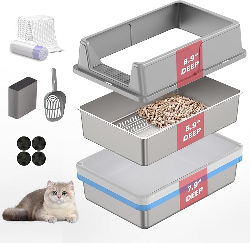 Stainless Steel Sifting Litter Box for Pine Pellets| Large Sifting Cat Litter Box with Sifter, High Side for Big Cats, Anti-Leakage, Odor Control, Includes Scooper| 23.6" x 15.7" x 11.8" 