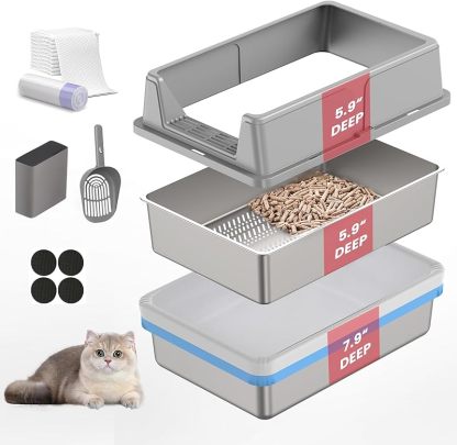 Stainless Steel Sifting Litter Box for Pine Pellets| Large Sifting Cat Litter Box with Sifter, High Side for Big Cats, Anti-Leakage, Odor Control, Includes Scooper| 23.6" x 15.7" x 11.8" 