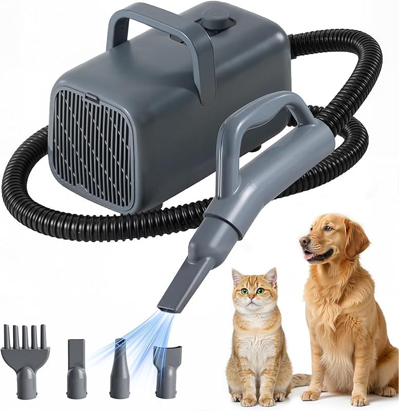 DUMOS Dog Blow Sryer Grooming Vacuum Kit| Cat Dog Hair Dryer with Adjustable Wind Speed & Heater Temperature, Cool-Warm-Hot Cycle Mode, 4 Nozzles| 6.5FT Cord for Low Noise Pet Hair Remover