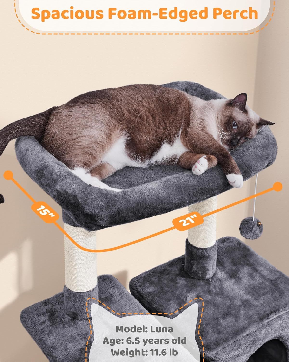 MarvelPaws Large Multi-Level Cat Tree| 63 Inches Tall with Sisal-Covered Scratching Posts, Condo, Hammock, Dangling Ball, and Extended Platform for Cats to Play and Sleep