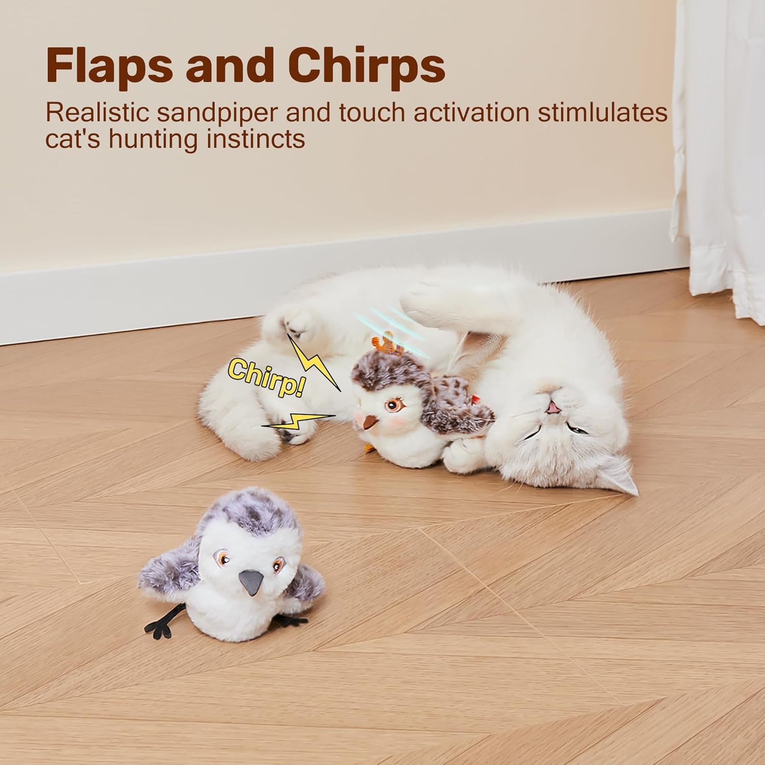 MarvelPaws Pet Toys Flapping Sandpiper Pair-Mate| Lifelike Birds Chirp| Chargeable Touch Activated Kitten Fun Interactive Kitty Exercise with Catnip for All Cats/Dogs