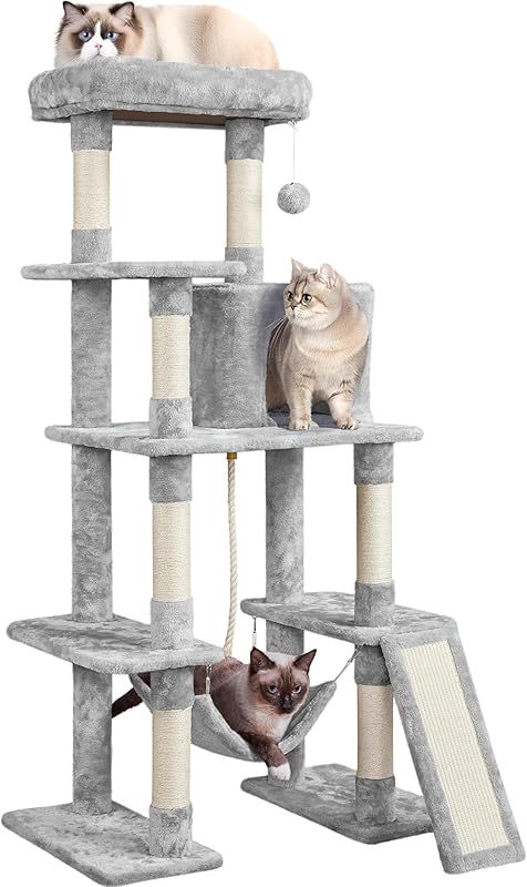 MarvelPaws Large Multi-Level Cat Tree| 63 Inches Tall with Sisal-Covered Scratching Posts, Condo, Hammock, Dangling Ball, and Extended Platform for Cats to Play and Sleep