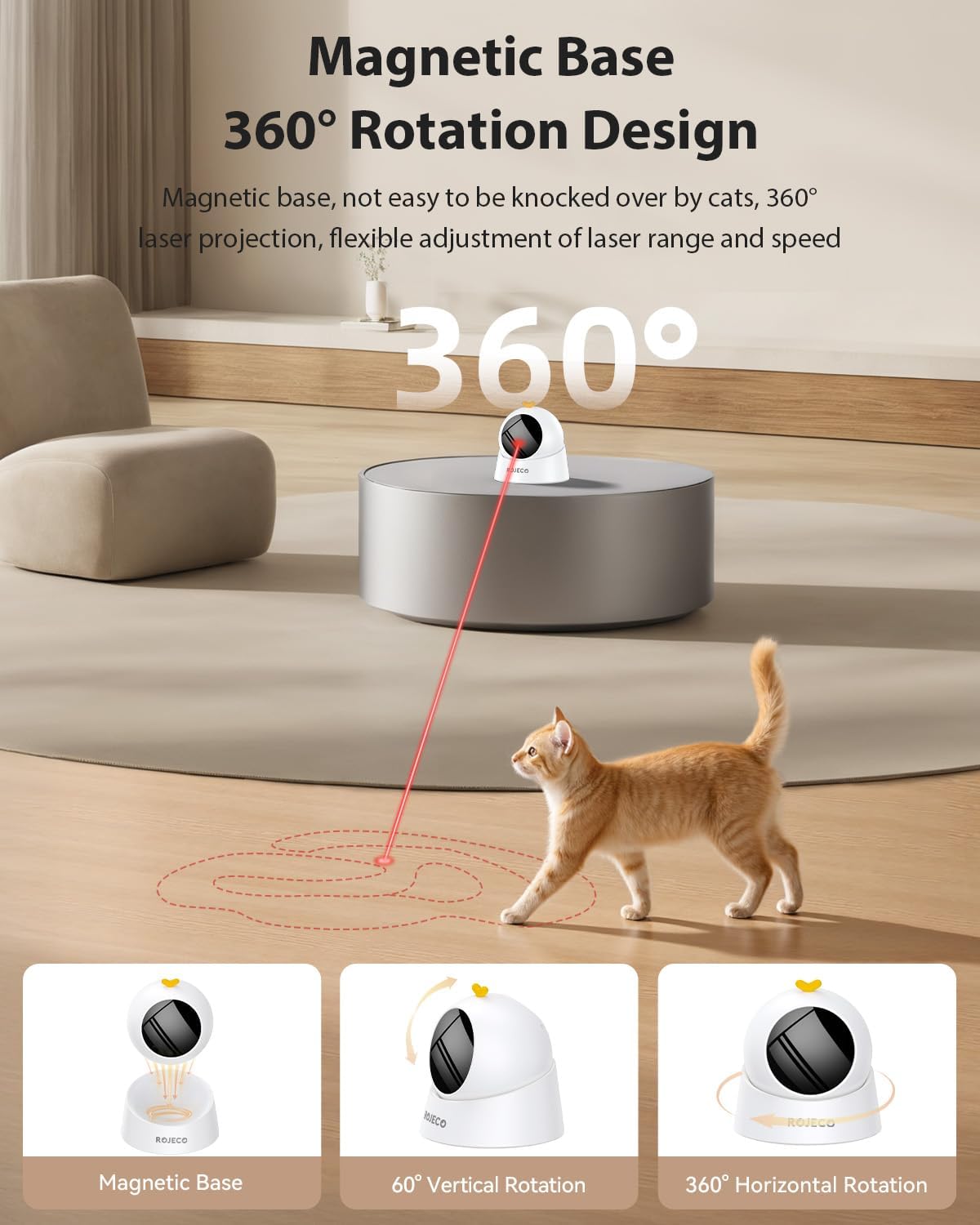 ROJECO Auto Laser Cat Toy| Random Motion Track, Magnetic 360 °Base, Run Quiet,Rechargeable with 1000mAh Battery, Auto Sleep & 3 Speed Modes| Interactive Cat Gifts