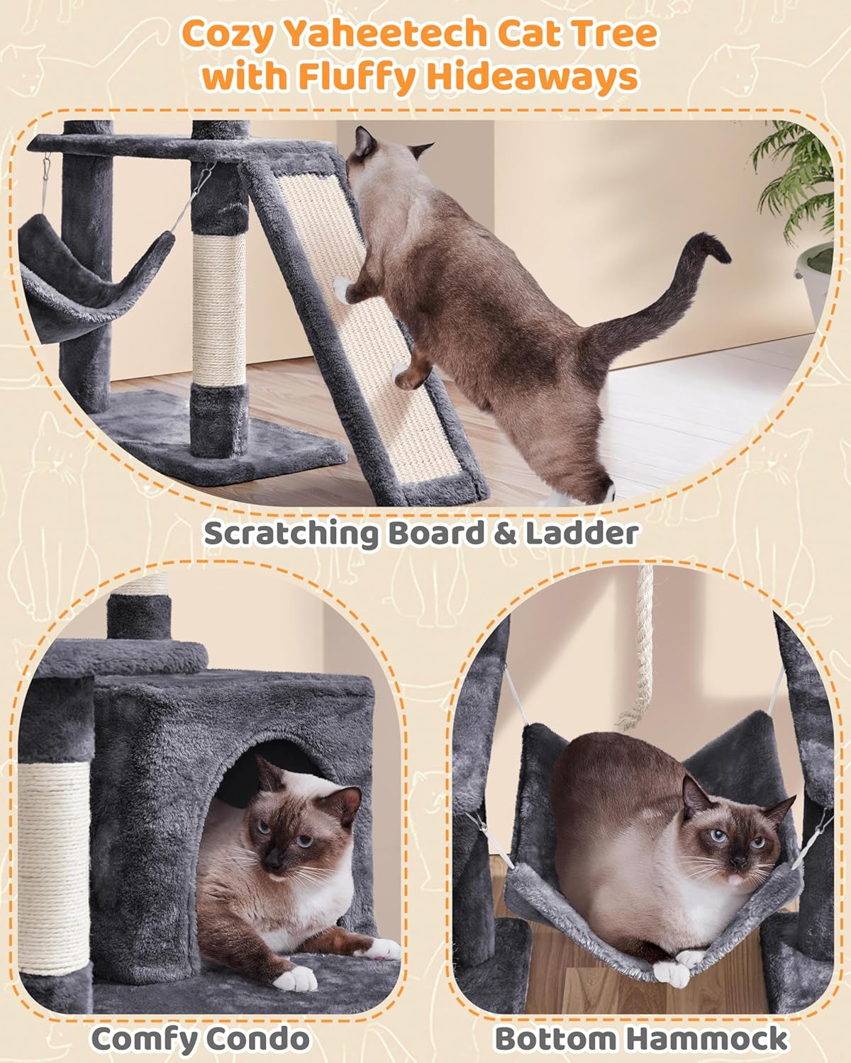 MarvelPaws Large Multi-Level Cat Tree| 63 Inches Tall with Sisal-Covered Scratching Posts, Condo, Hammock, Dangling Ball, and Extended Platform for Cats to Play and Sleep