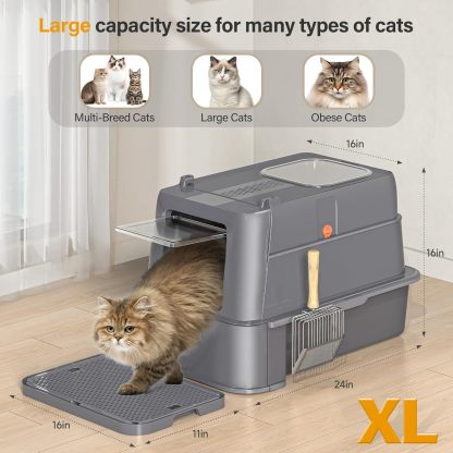 MarvelPaws Enclosed Stainless Steel Cat Litter Box with Lid| XL Large Metal Cat Box with Drawer for Big Cats| Top Exit Kitty Litter Box Includes Scoop, Filter Pedal, Odor Control, Easy Cleaning