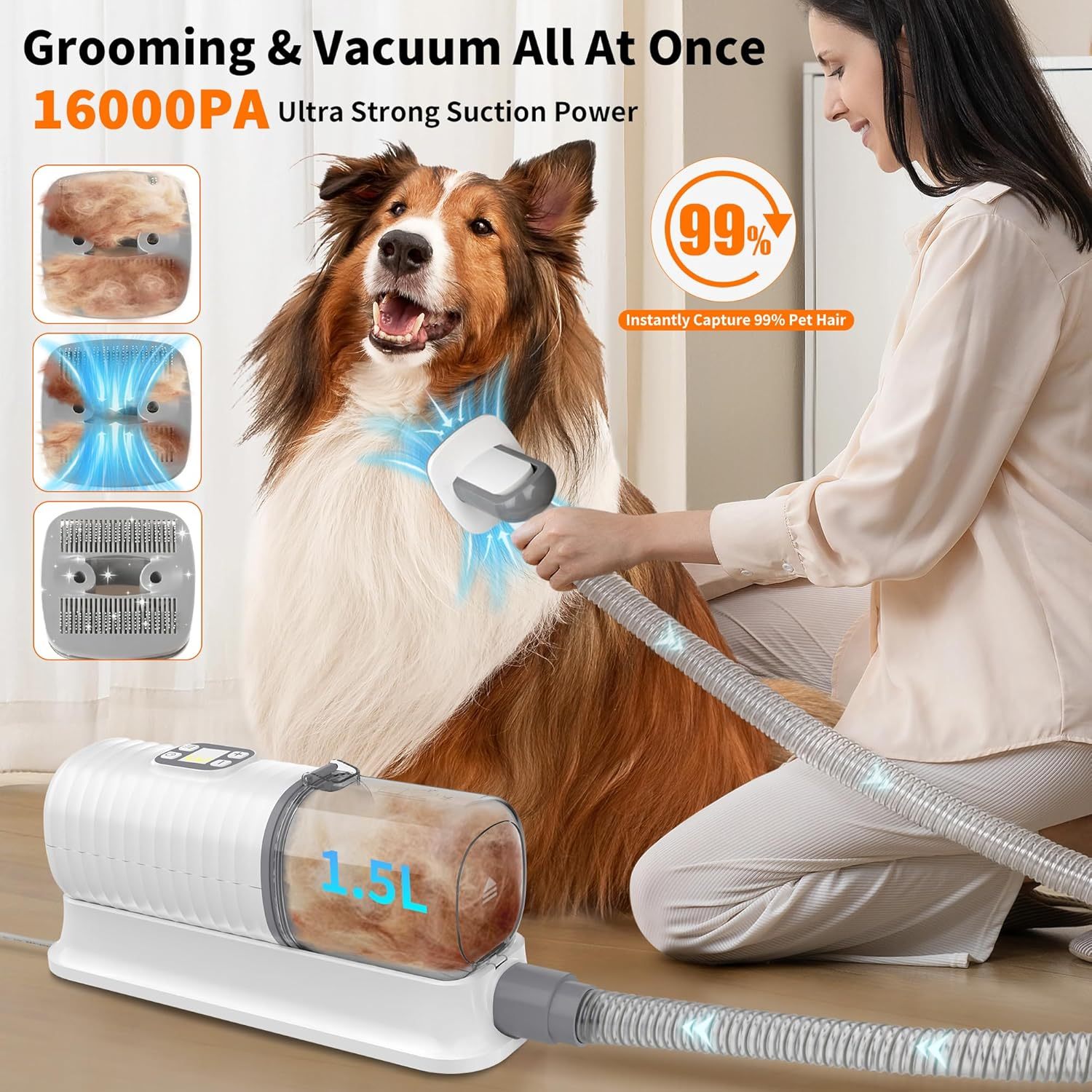 Dog Vacuum Grooming & Hair Dryer for Shedding Grooming| 6 in 1 Pet Grooming Vacuum for Dogs Cats at Home with Pet Clippers and 4 Combs, 9 Adjustable Speed and Temperature Control Dog Blower