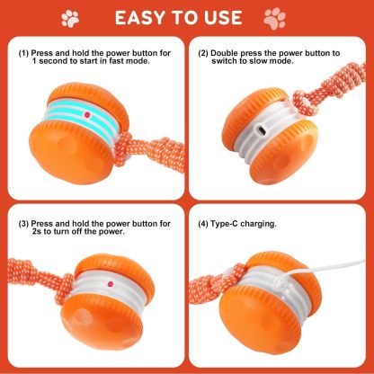 MarvelPaws Interactive Dog Toys, Random Path Electric Automatic Moving and Rolling Toy with Rope for All Dogs| Motion-Activated Dog Stimulation Toy for Boredom Relief (Orange)