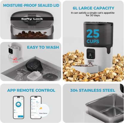 Smart Automatic Pet Feeders| WiFi Pet Feeder with APP Control for Remote Feeding| Detachable for Easy Clean (6L/25Cup)