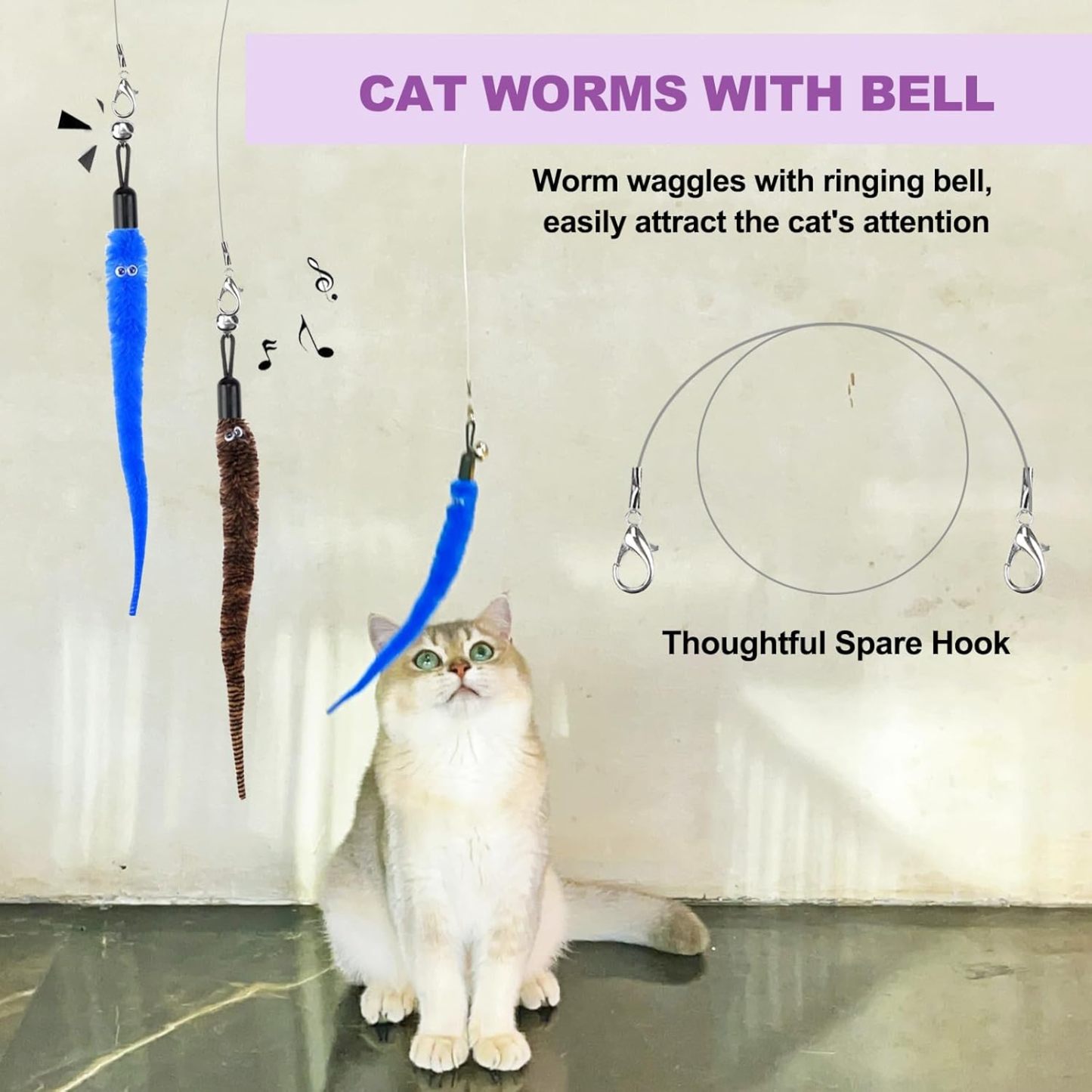 MarvelPaws11PCS Cat Wand Toy, Cat Interactive Toys for Indoor Cats, 2 Retractable Cat Wand, 7 Worm Cat Teaser Toys and 1 Plush Fish Cat Toy, Cat Feather Toys for Play Chase Exercise with Kitten, Extra 1 Line