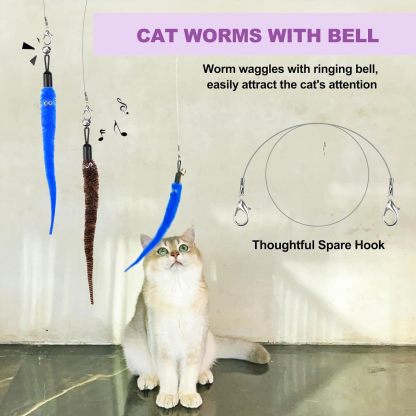 MarvelPaws11PCS Cat Wand Toy, Cat Interactive Toys for Indoor Cats, 2 Retractable Cat Wand, 7 Worm Cat Teaser Toys and 1 Plush Fish Cat Toy, Cat Feather Toys for Play Chase Exercise with Kitten, Extra 1 Line