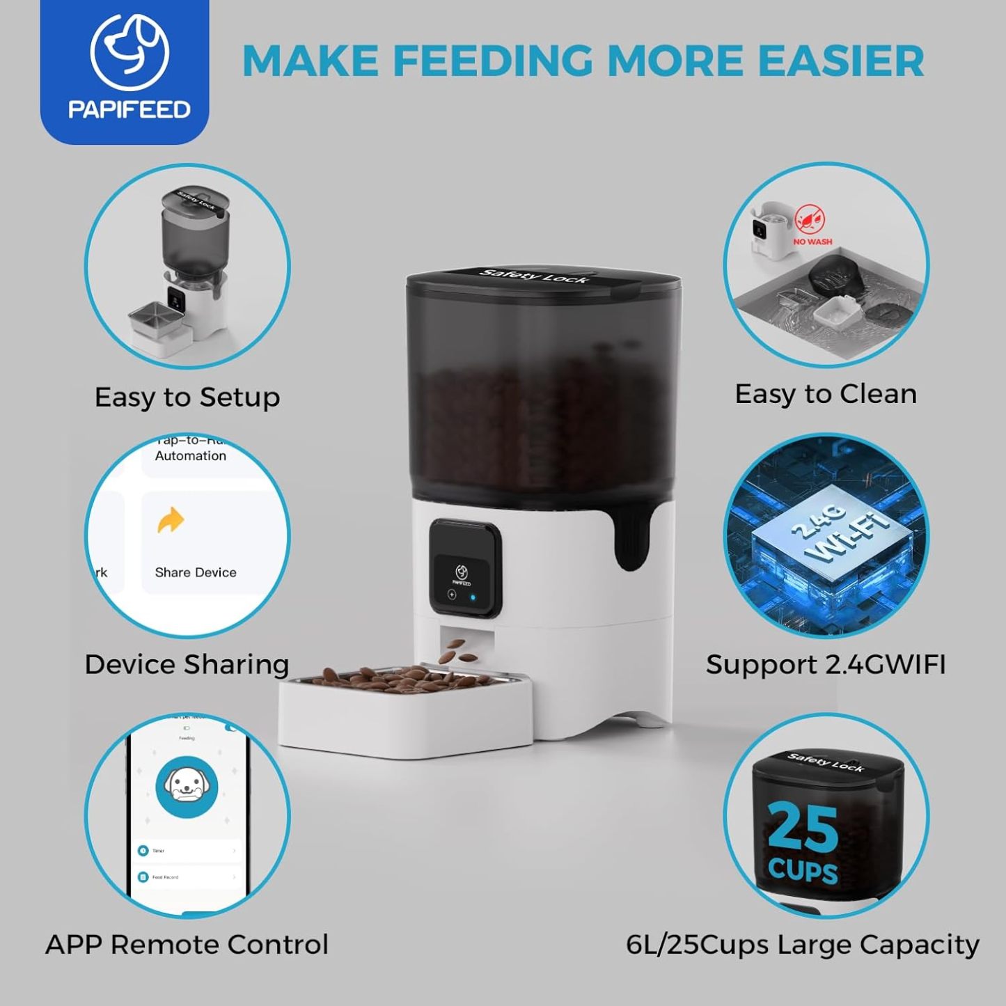 Smart Automatic Pet Feeders| WiFi Pet Feeder with APP Control for Remote Feeding| Detachable for Easy Clean (6L/25Cup)