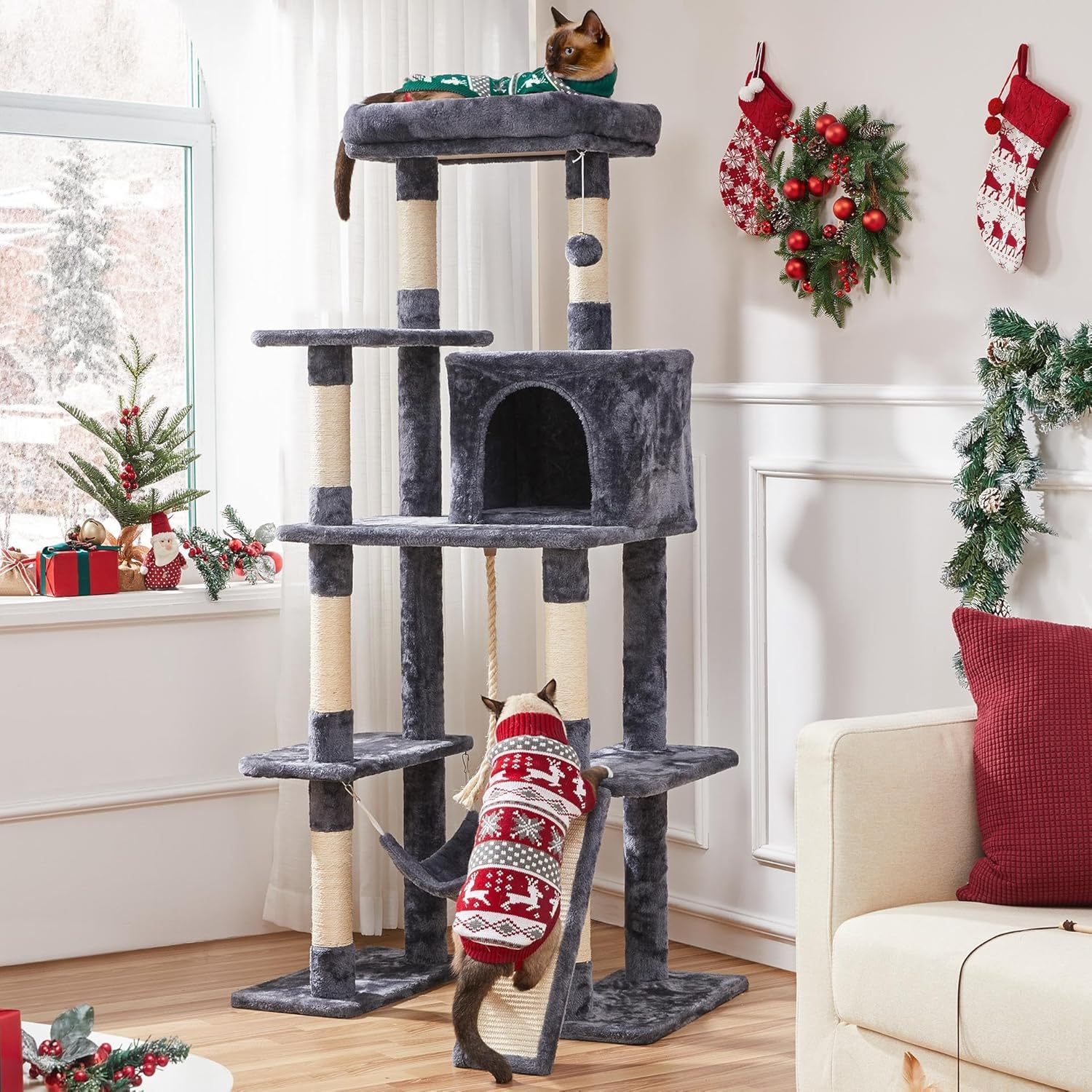 MarvelPaws Large Multi-Level Cat Tree| 63 Inches Tall with Sisal-Covered Scratching Posts, Condo, Hammock, Dangling Ball, and Extended Platform for Cats to Play and Sleep