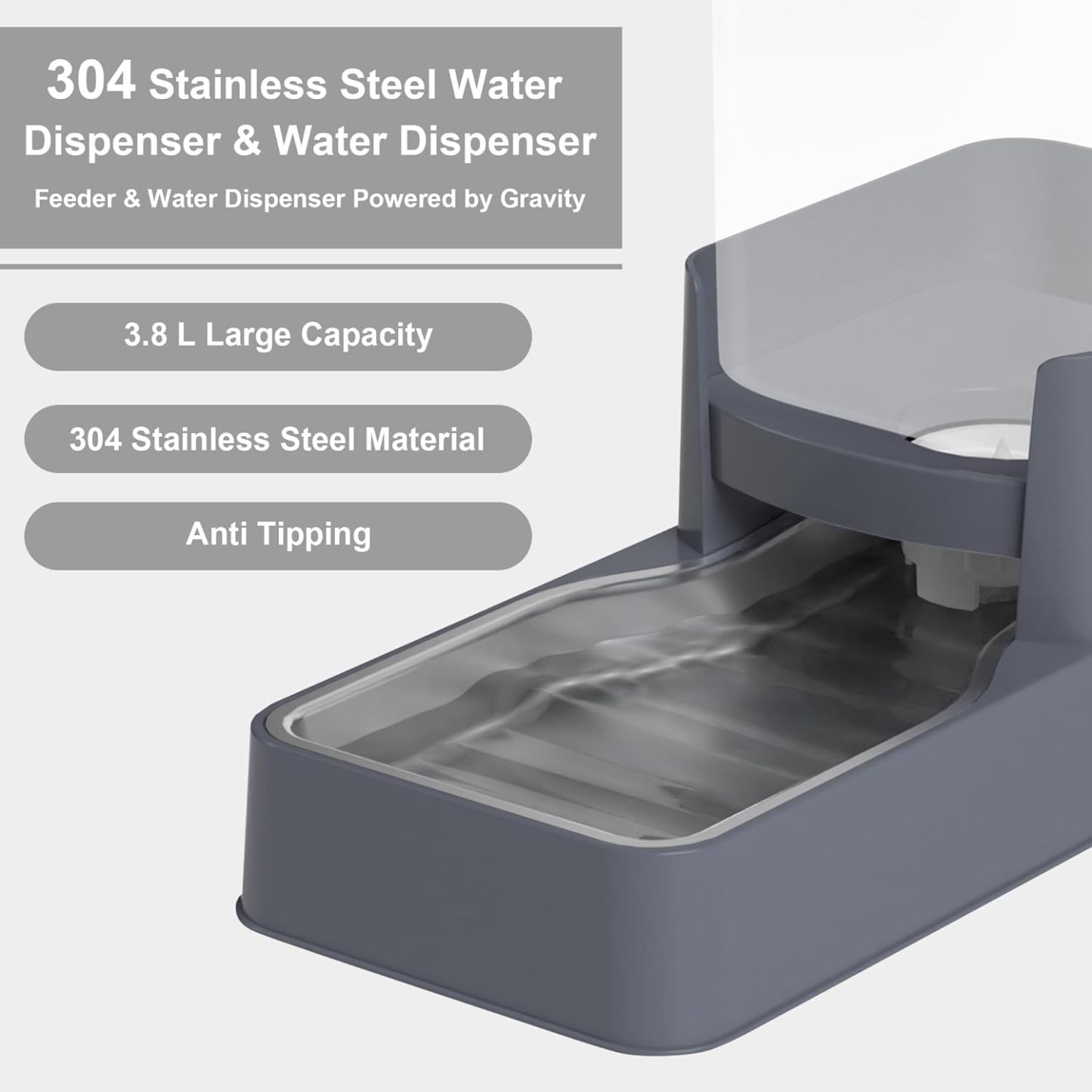 Stainless Steel Pet Feeder and Water Dispenser| Large Capacity Pet Food Bowl for Small Medium Pets Puppy Kitten (Grey,1 Gallon)