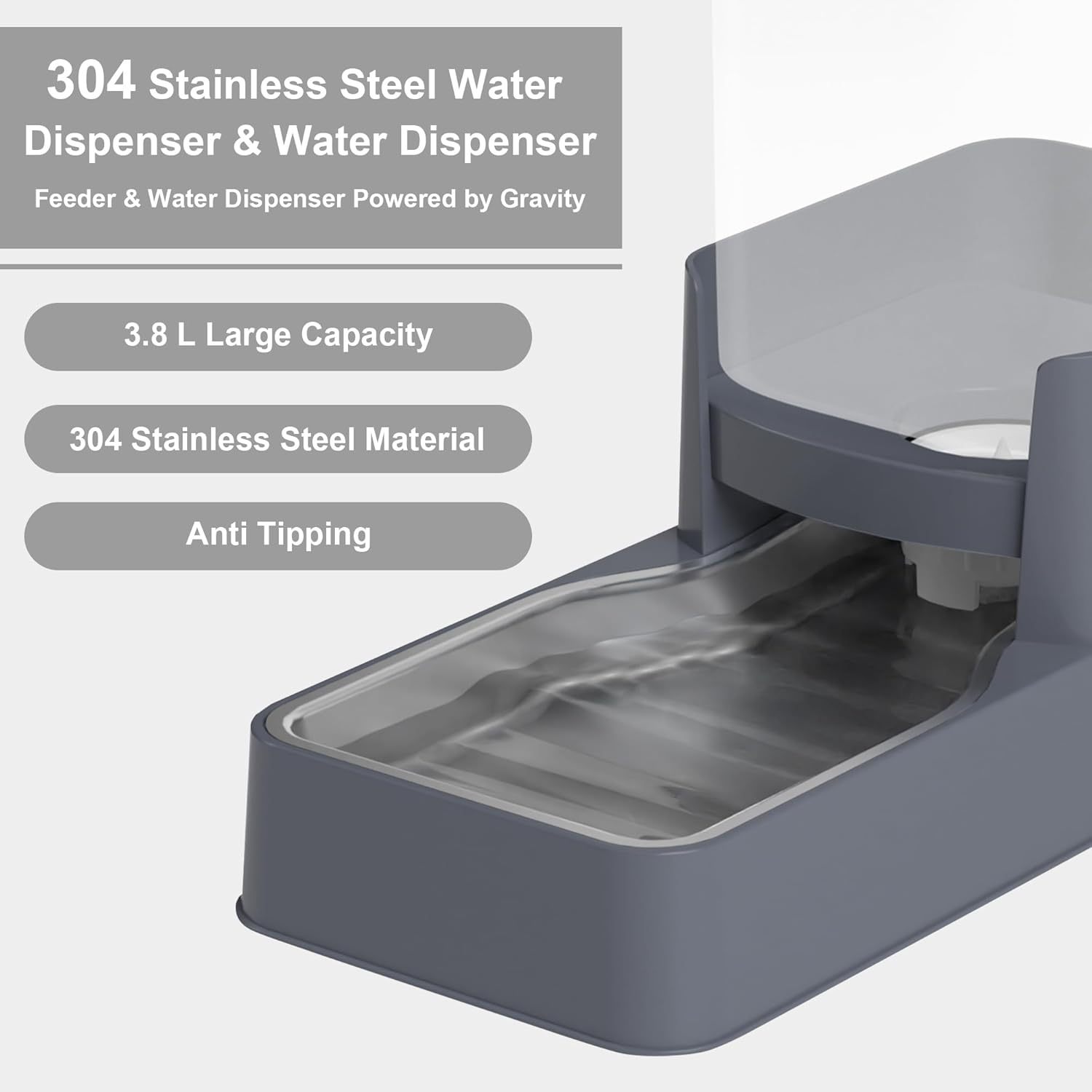 Stainless Steel Pet Feeder and Water Dispenser| Large Capacity Pet Food Bowl for Small Medium Pets Puppy Kitten (Grey,1 Gallon)