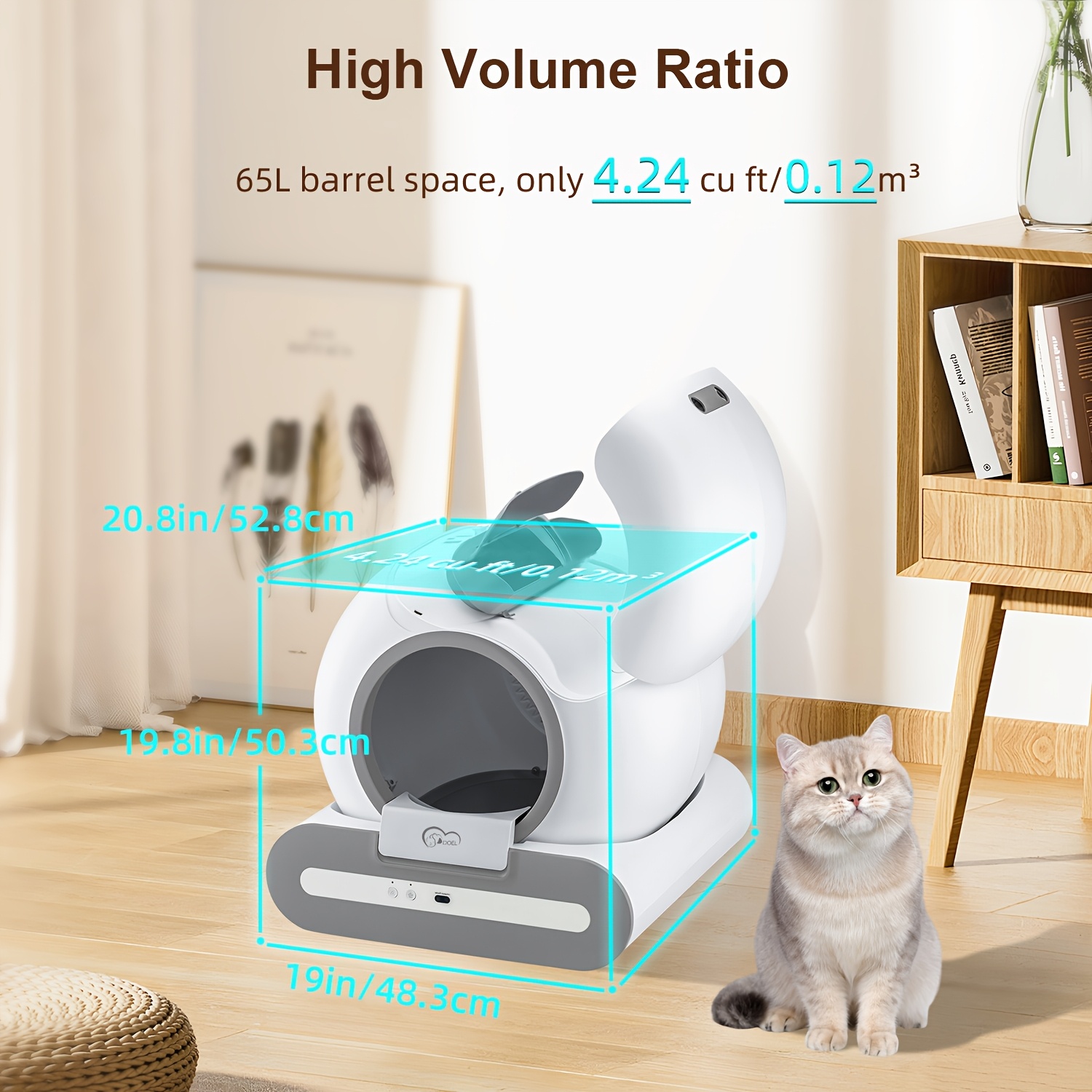 DOEL Smart Self-Cleaning Automatic Cat Litter Box with App Control, 2.4G WiFi, Large 65L Capacity,  Infrared & Gravity Sensors, Compatible with Clumping & Mineral Cat Litter for Cats up to 15 lbs - Modern Sleek Design, Pet Hygiene Solution