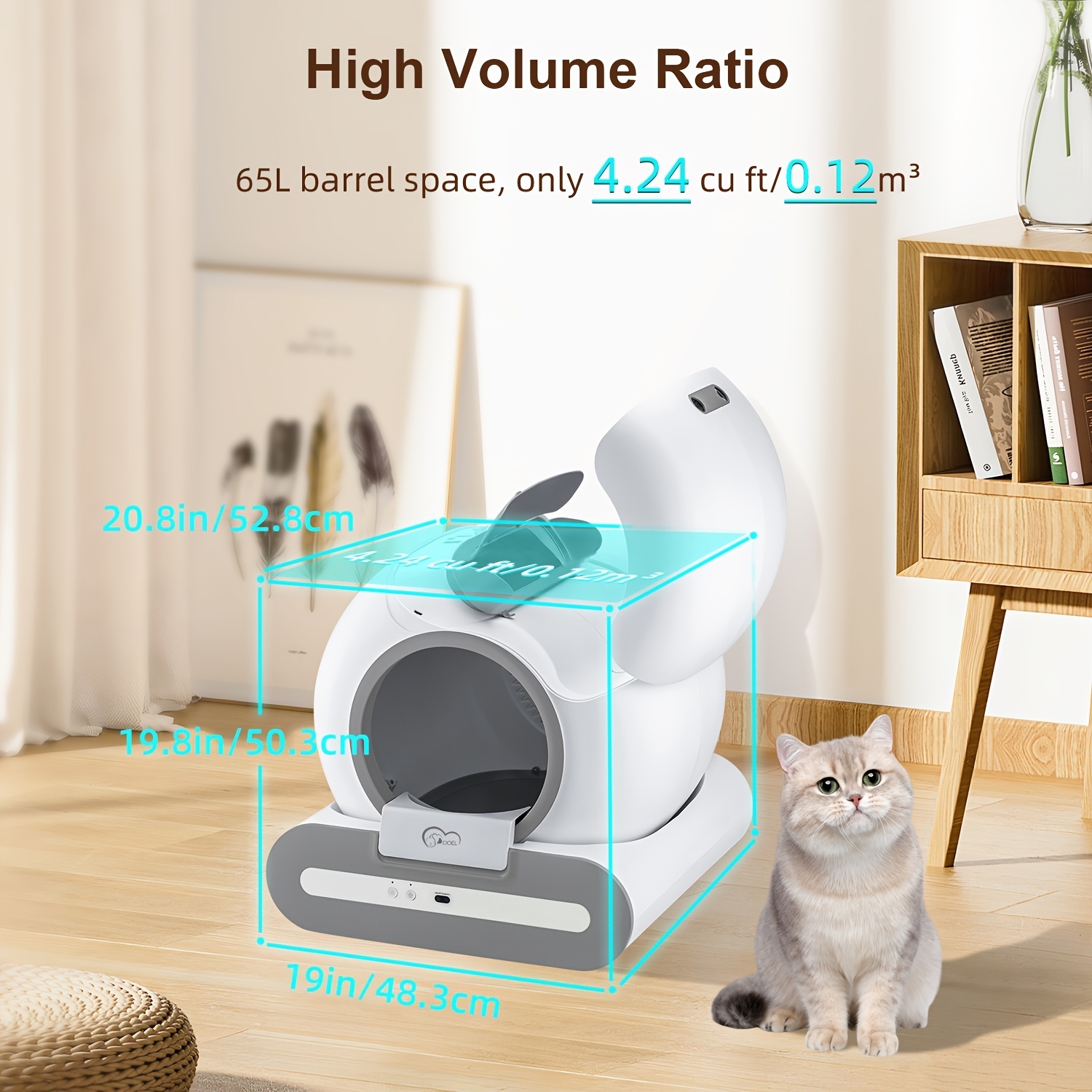 DOEL Smart Self-Cleaning Automatic Cat Litter Box with App Control, 2.4G WiFi, Large 65L Capacity,  Infrared & Gravity Sensors, Compatible with Clumping & Mineral Cat Litter for Cats up to 15 lbs - Modern Sleek Design, Pet Hygiene Solution