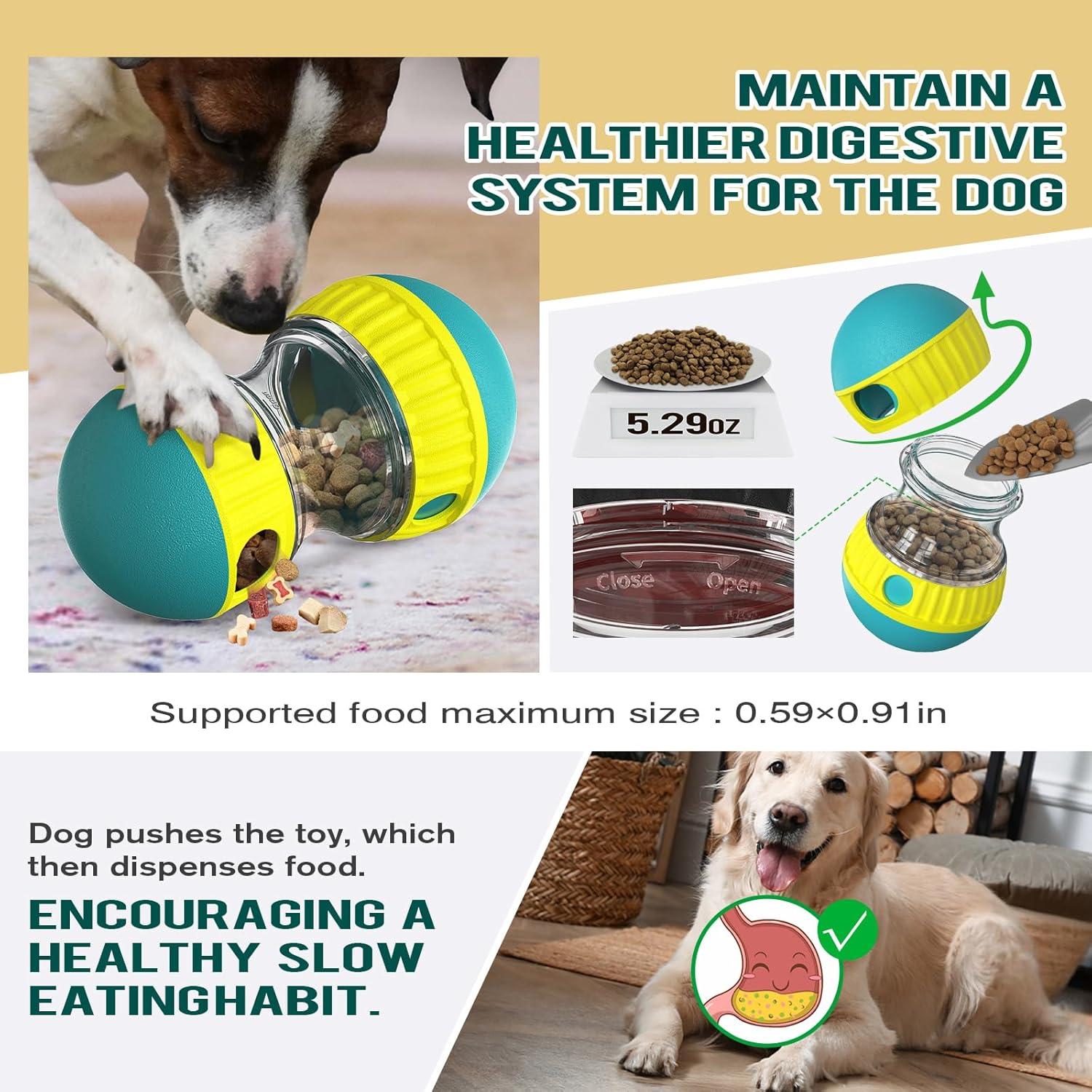 MarvelPaws Dog Puzzle Toy Adjustable Treat Dispensing Ball Food Dispenser Tough Slow Feeder Puppy Enrichment Training Toy Pet Interactive Chase Toys for All Dogs