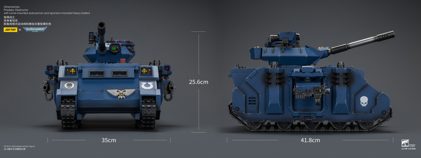 JoyToy WH40K Ultramarines Predator Destructor with turret-mounted autocannon and sponson-mounted heavy bolters