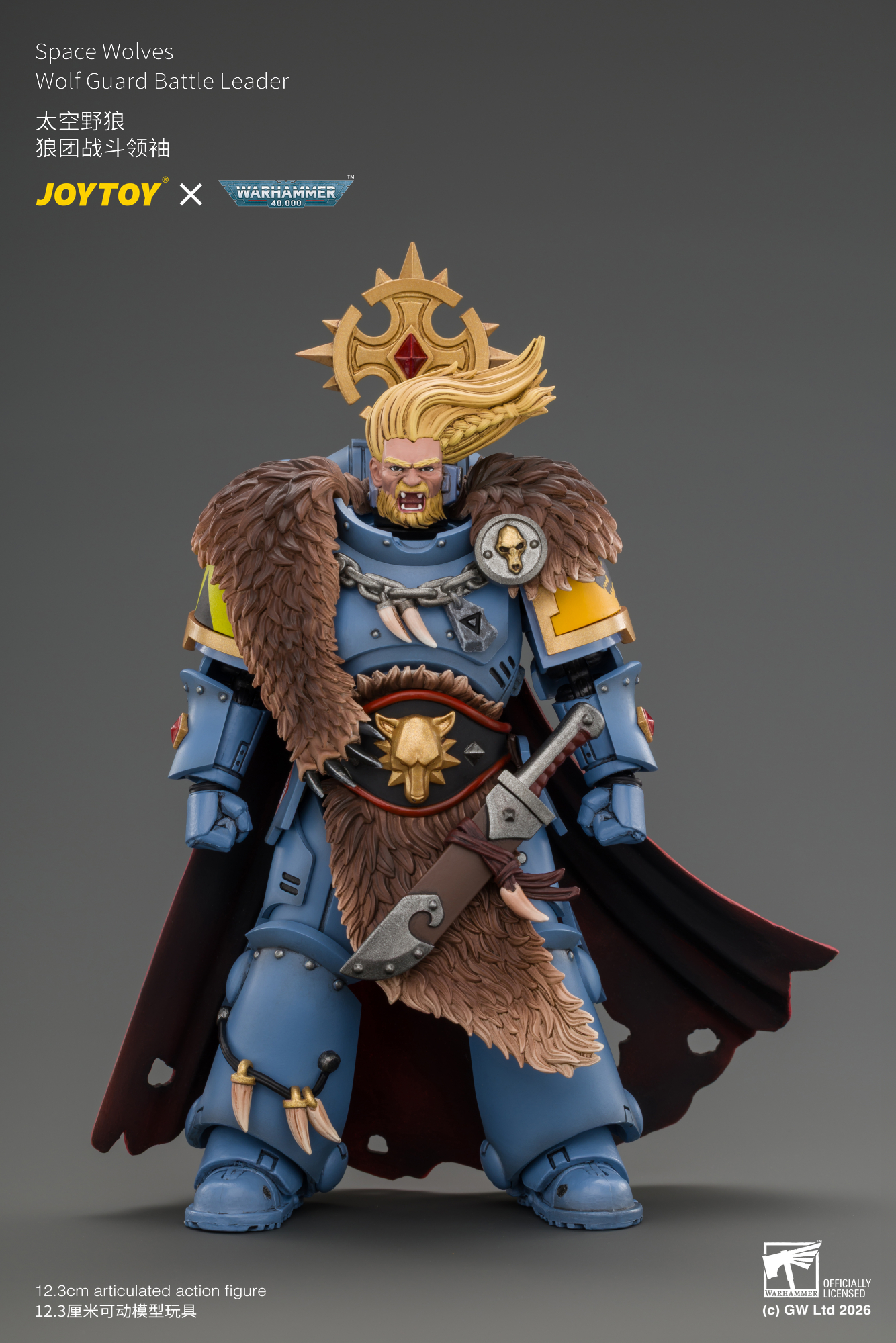 JoyToy WH40K Space Wolves Wolf Guard Battle Leader with Master-crafted Power Weapon, Storm Shield, Thunder Hammer, Master-crafted Heavy Bolt Pistol, and Plasma Pistol