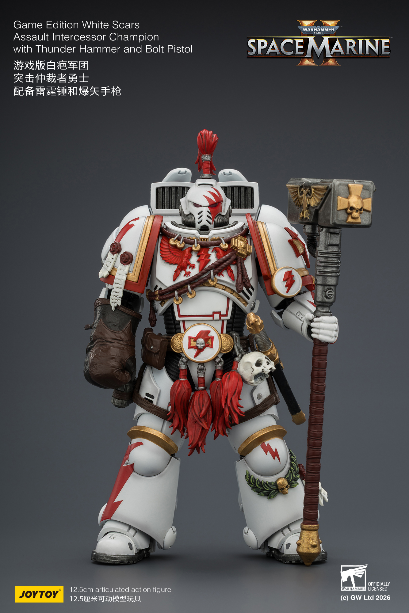 JoyToy WH40K Game Edition White Scars Assault Intercessor Champion with Thunder Hammer and Bolt Pistol
