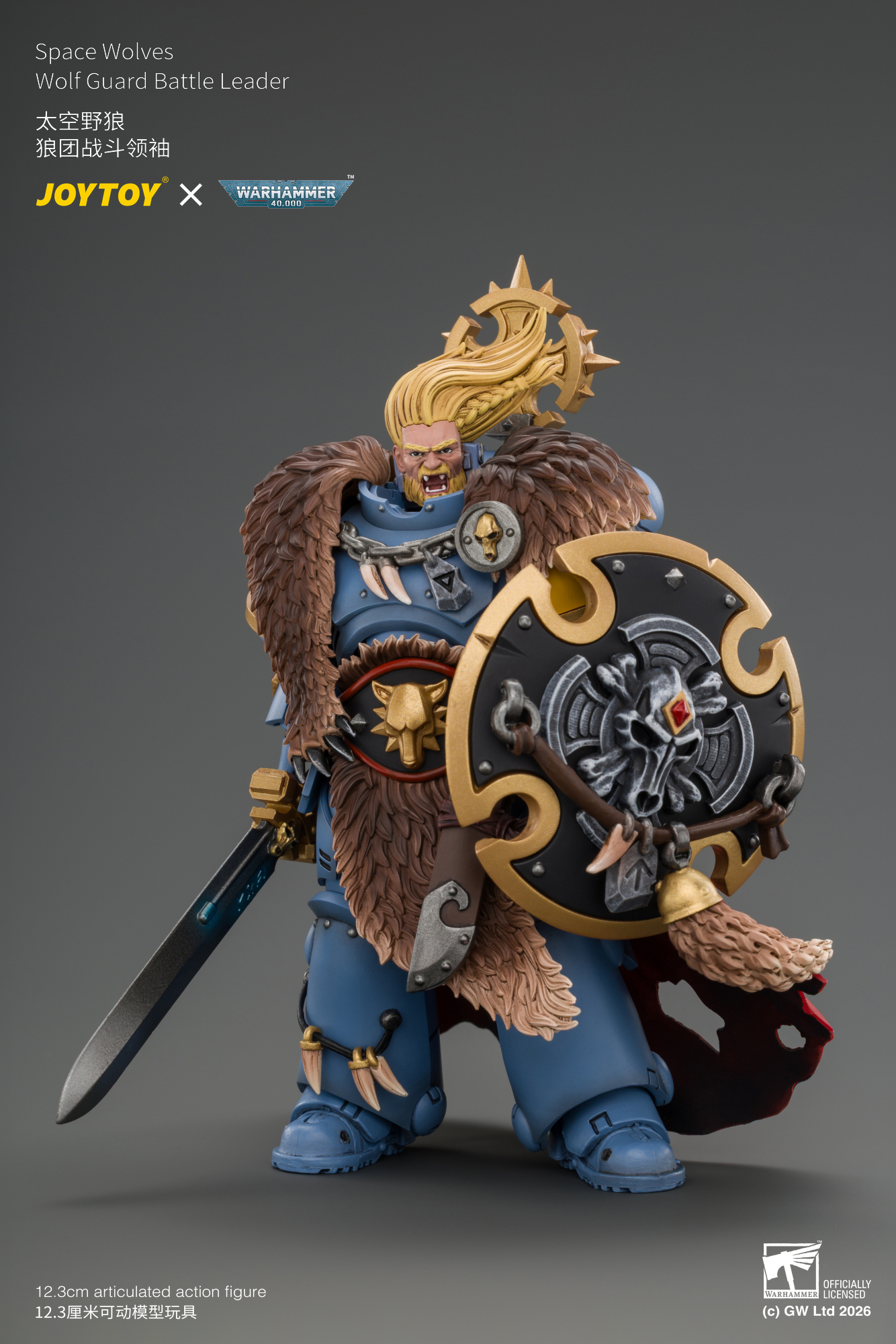 JoyToy WH40K Space Wolves Wolf Guard Battle Leader with Master-crafted Power Weapon, Storm Shield, Thunder Hammer, Master-crafted Heavy Bolt Pistol, and Plasma Pistol
