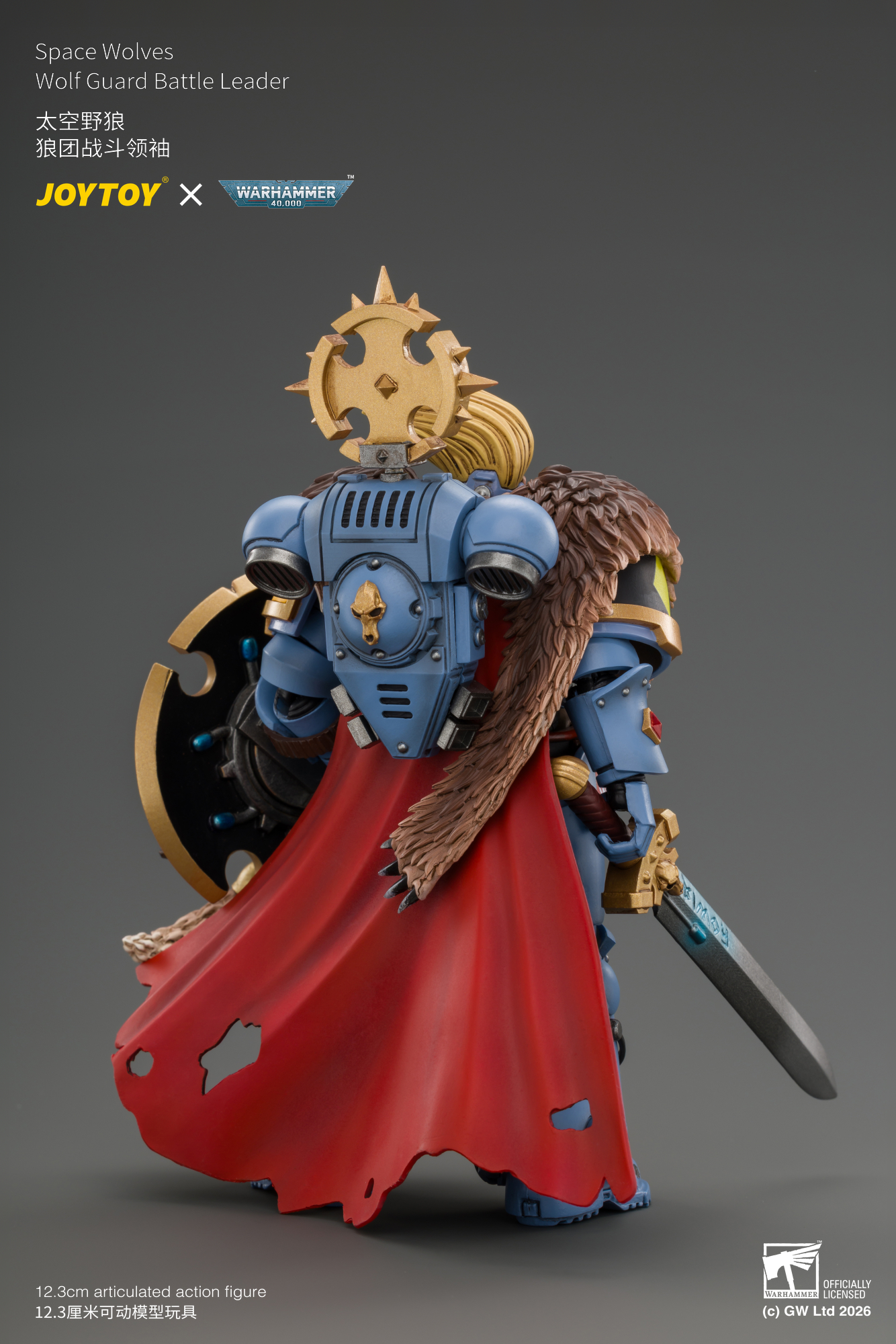 JoyToy WH40K Space Wolves Wolf Guard Battle Leader with Master-crafted Power Weapon, Storm Shield, Thunder Hammer, Master-crafted Heavy Bolt Pistol, and Plasma Pistol