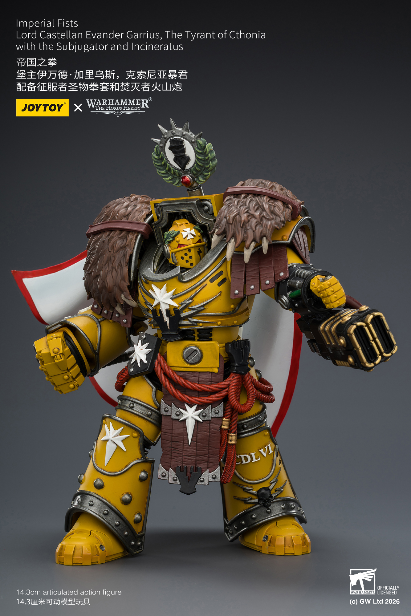 JoyToy Warhammer The Horus Heresy Imperial Fists Lord Castellan Evander Garrius, The Tyrant of Cthonia with the Subjugator and Incineratus