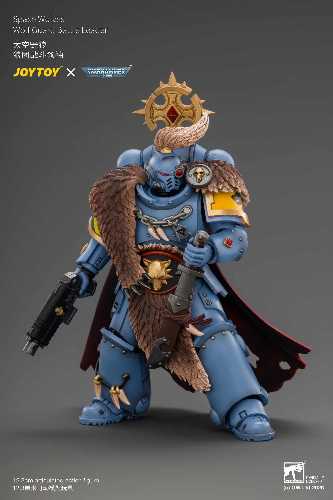 JoyToy WH40K Space Wolves Wolf Guard Battle Leader with Master-crafted Power Weapon, Storm Shield, Thunder Hammer, Master-crafted Heavy Bolt Pistol, and Plasma Pistol