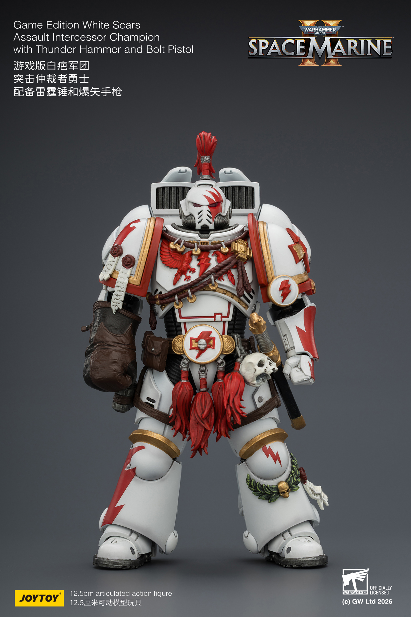 JoyToy WH40K Game Edition White Scars Assault Intercessor Champion with Thunder Hammer and Bolt Pistol