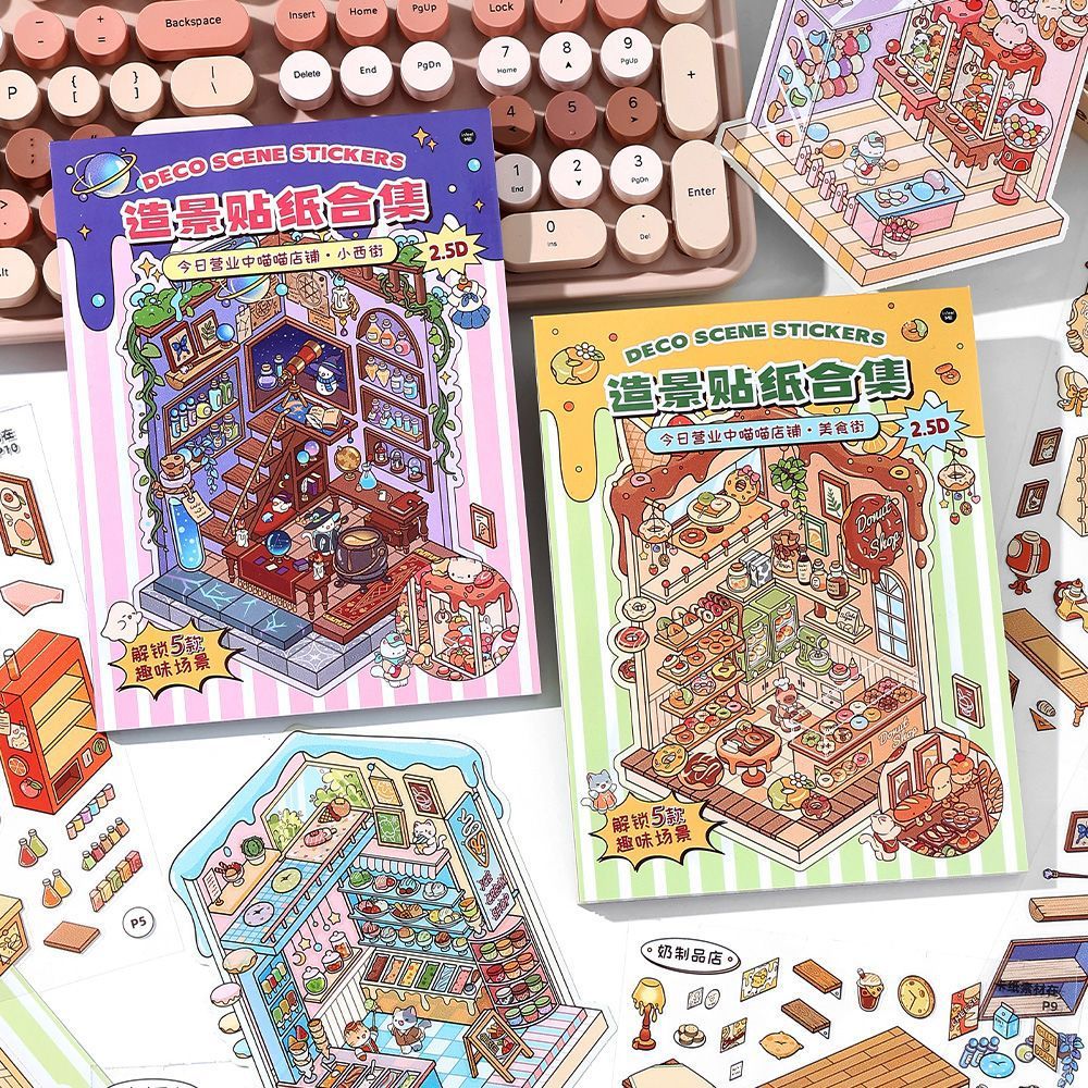 Kitten Shop Scene Sticker Notebook (5-in-1)