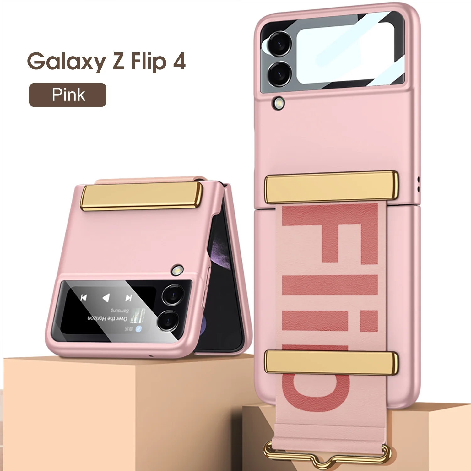 Husă de lux pentru telefon cu curea anti-cădere cu folie de protecție frontală pentru Samsung Galaxy Z Flip5 Flip4 Flip3