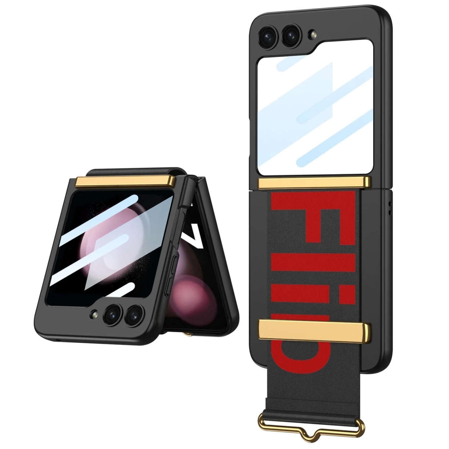 Husă de lux pentru telefon cu curea anti-cădere cu folie de protecție frontală pentru Samsung Galaxy Z Flip5 Flip4 Flip3