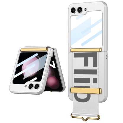 Husă de lux pentru telefon cu curea anti-cădere cu folie de protecție frontală pentru Samsung Galaxy Z Flip5 Flip4 Flip3