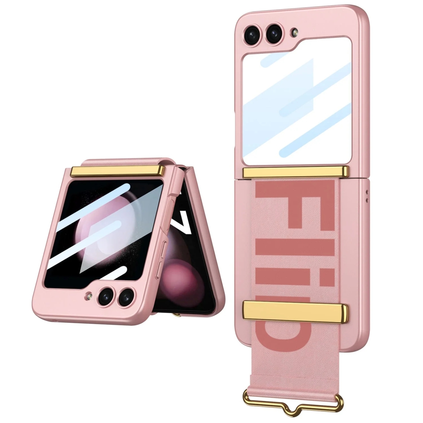 Husă de lux pentru telefon cu curea anti-cădere cu folie de protecție frontală pentru Samsung Galaxy Z Flip5 Flip4 Flip3