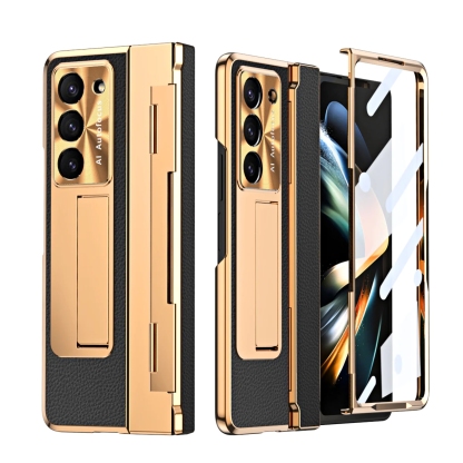 Luxury Leather Magnetic Bracket Shell Electroplated Phone Case For Samsung Galaxy Z Fold3/4/5 With Back Screen Glass