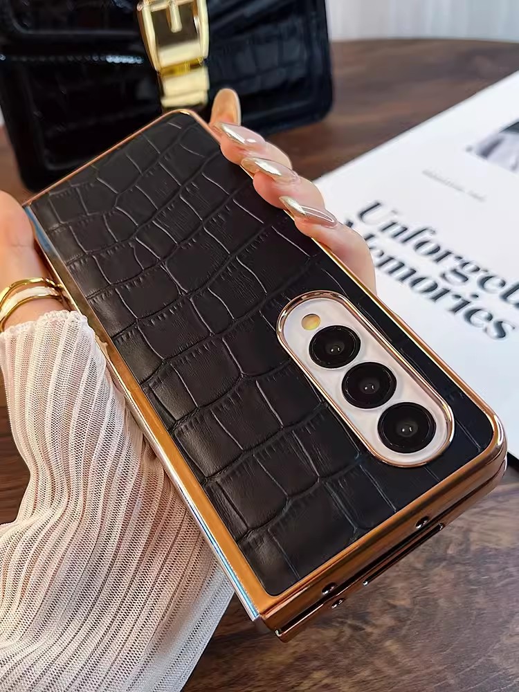 Husă de telefon din piele lucrată manual cu model de crocodil, cu protecție pentru ecran din spate pentru Samsung Galaxy Z Fold3 Fold4 Fold5 5G