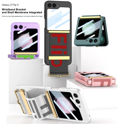Husă de lux pentru telefon cu curea anti-cădere cu folie de protecție frontală pentru Samsung Galaxy Z Flip5 Flip4 Flip3