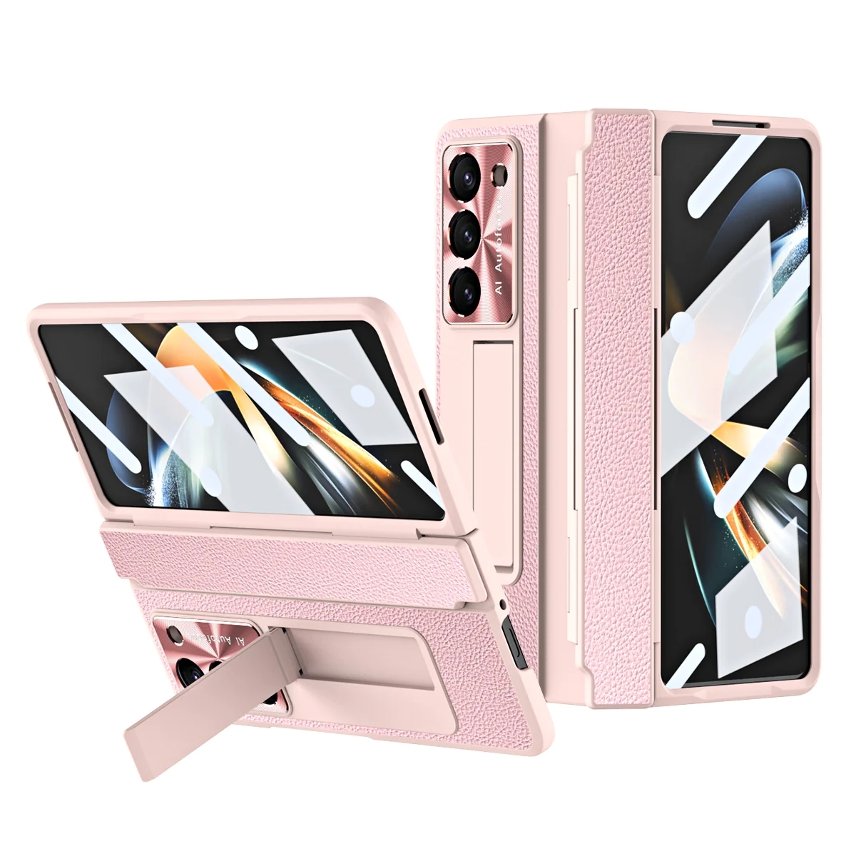 Luxury Leather Magnetic Bracket Shell Electroplated Phone Case For Samsung Galaxy Z Fold3/4/5 With Back Screen Glass