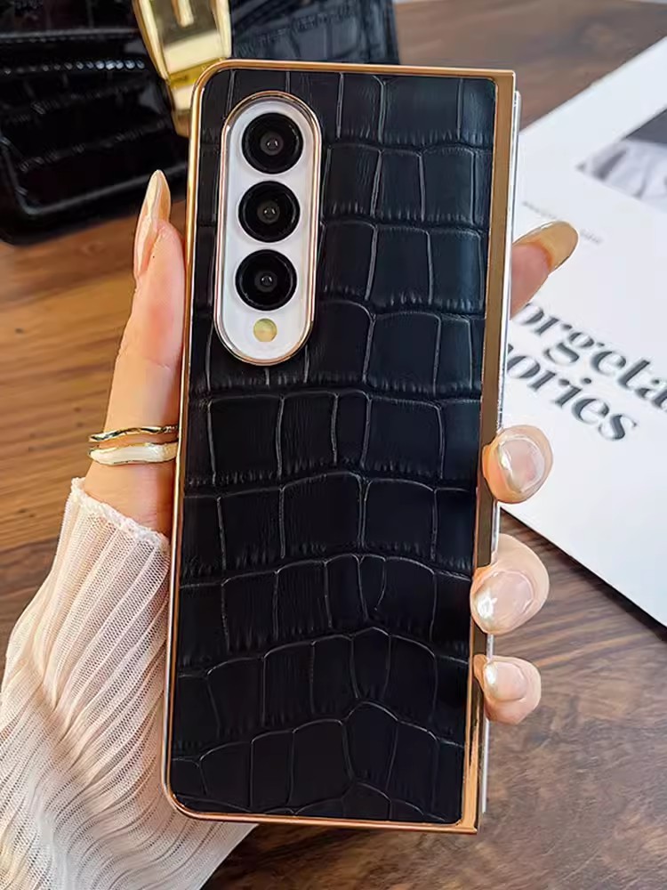 Husă de telefon din piele lucrată manual cu model de crocodil, cu protecție pentru ecran din spate pentru Samsung Galaxy Z Fold3 Fold4 Fold5 5G