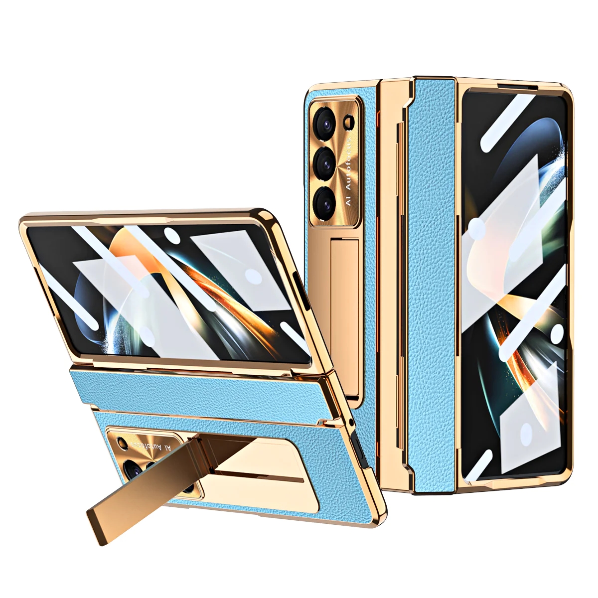 Luxury Leather Magnetic Bracket Shell Electroplated Phone Case For Samsung Galaxy Z Fold3/4/5 With Back Screen Glass