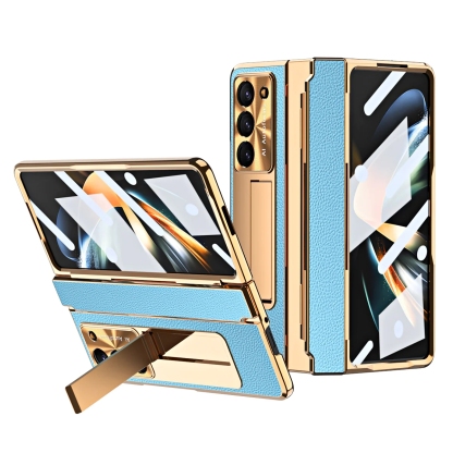 Luxury Leather Magnetic Bracket Shell Electroplated Phone Case For Samsung Galaxy Z Fold3/4/5 With Back Screen Glass