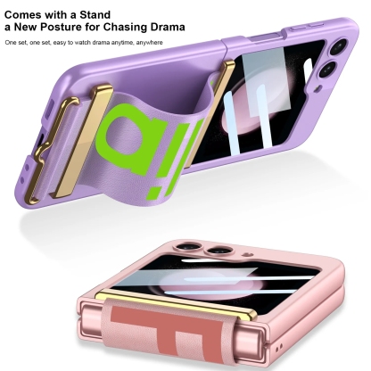 Husă de lux pentru telefon cu curea anti-cădere cu folie de protecție frontală pentru Samsung Galaxy Z Flip5 Flip4 Flip3