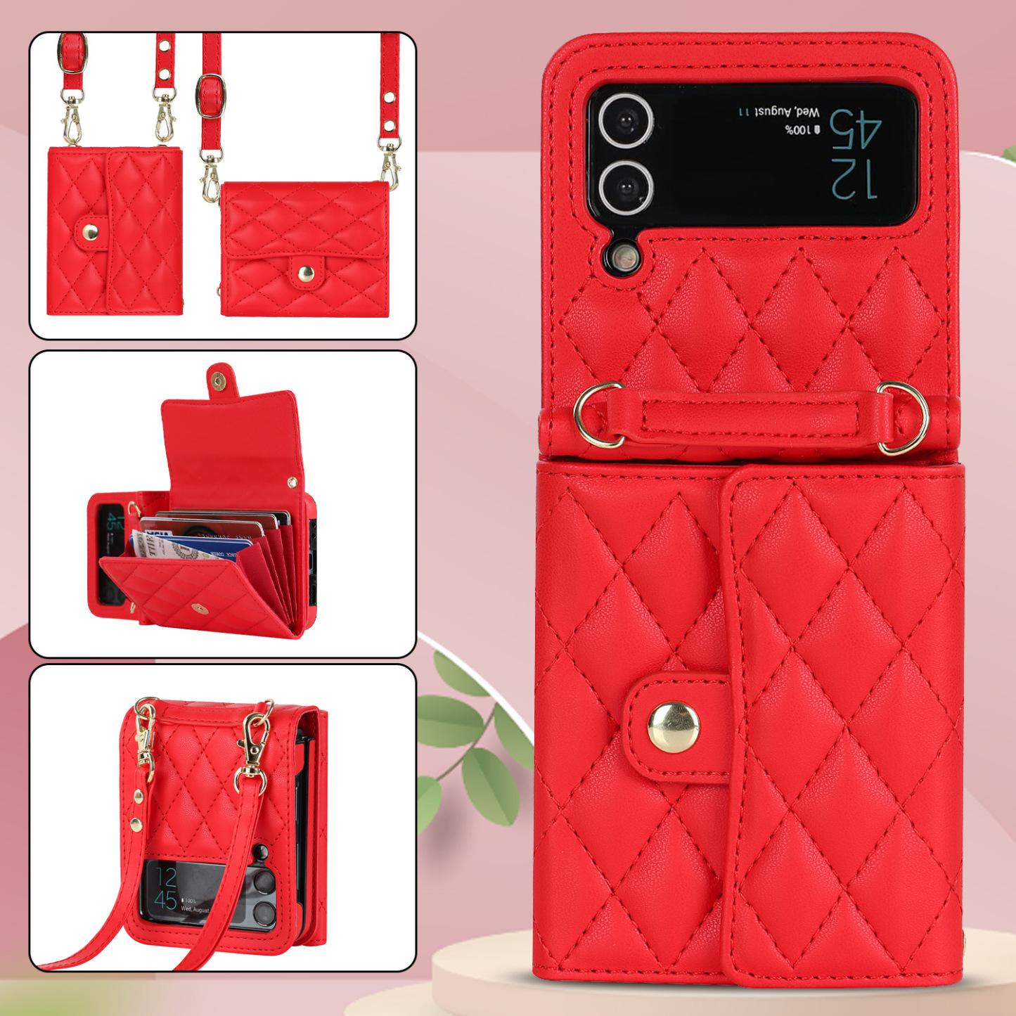 Husa De Telefon De Lux Cu Suport Card De Piele Cu Lant Pentru Samsung Galaxy Z Flip3 Flip4 5G