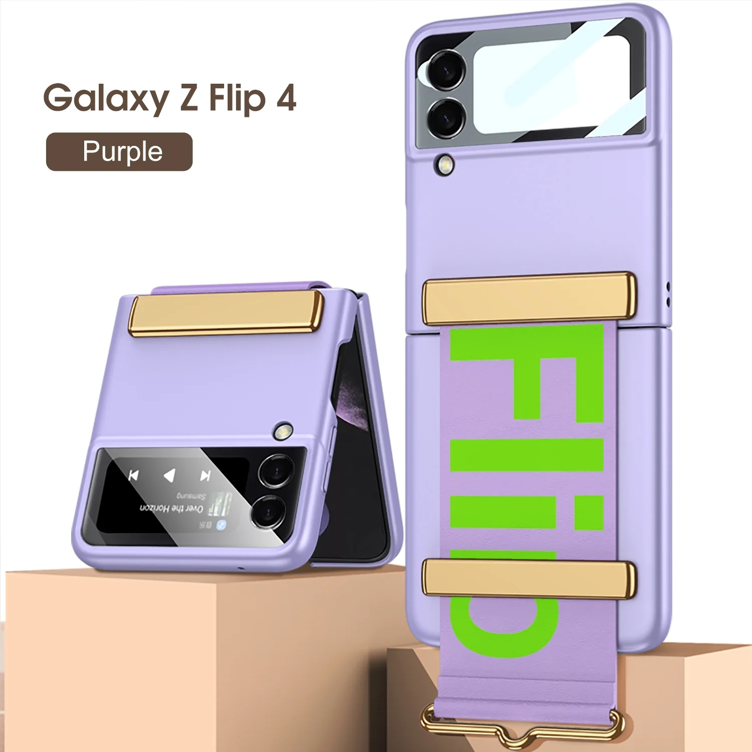 Husă de lux pentru telefon cu curea anti-cădere cu folie de protecție frontală pentru Samsung Galaxy Z Flip5 Flip4 Flip3